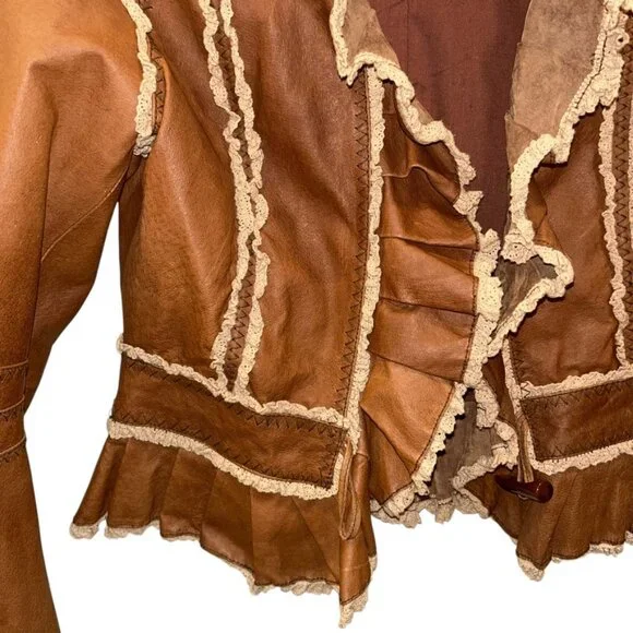 moda international FESTIVAL genuine leather contrast brown cream ruffle jacket M - Picture 3 of 5
